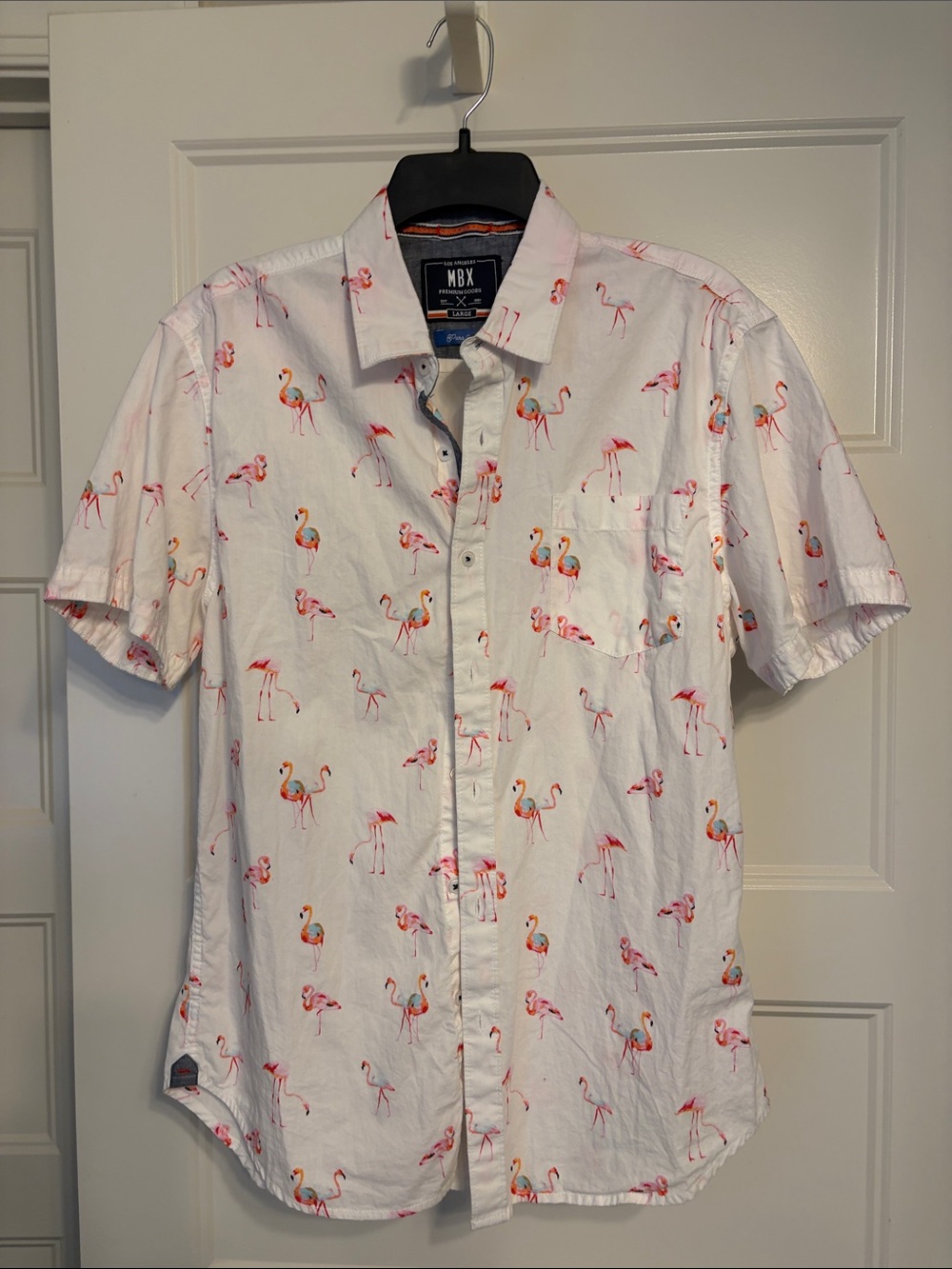 MBX White Short-Sleeve Flamingo Print Button-Down Shirt